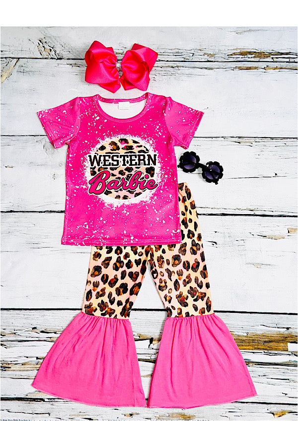 Leopard & hot pink "WESTERN BARBIE" 2pc short sleeve set