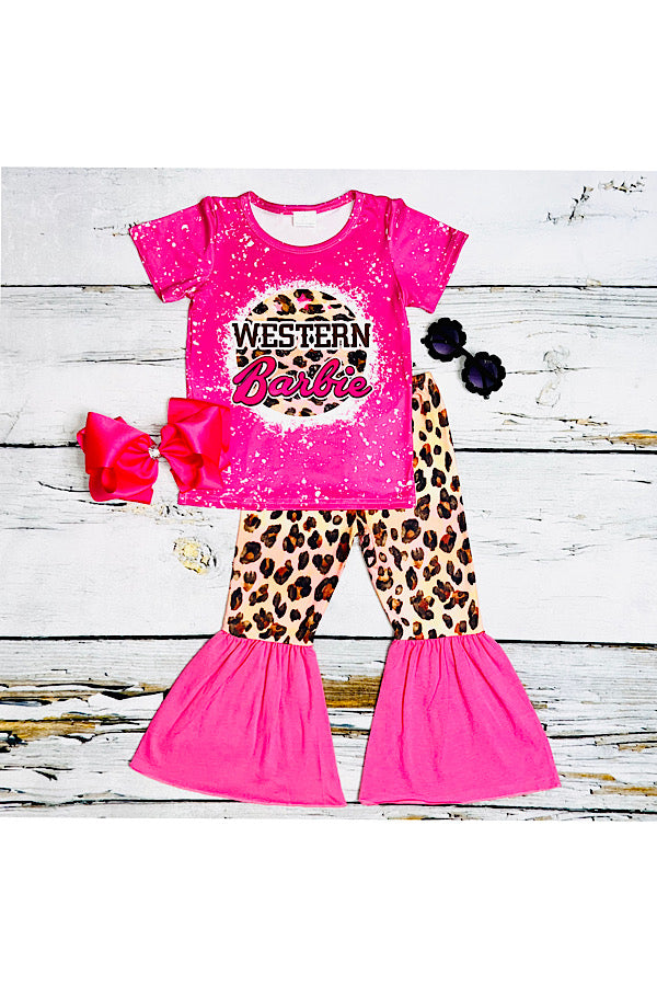 Leopard & hot pink "WESTERN BARBIE" 2pc short sleeve set