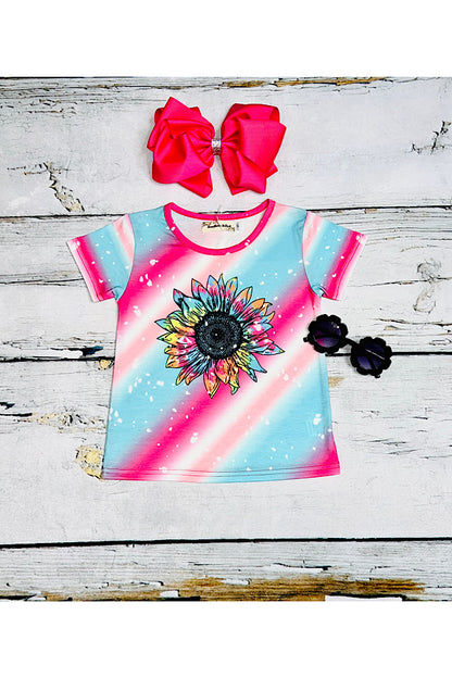 Multicolor stripped w/sunflower short sleeve top