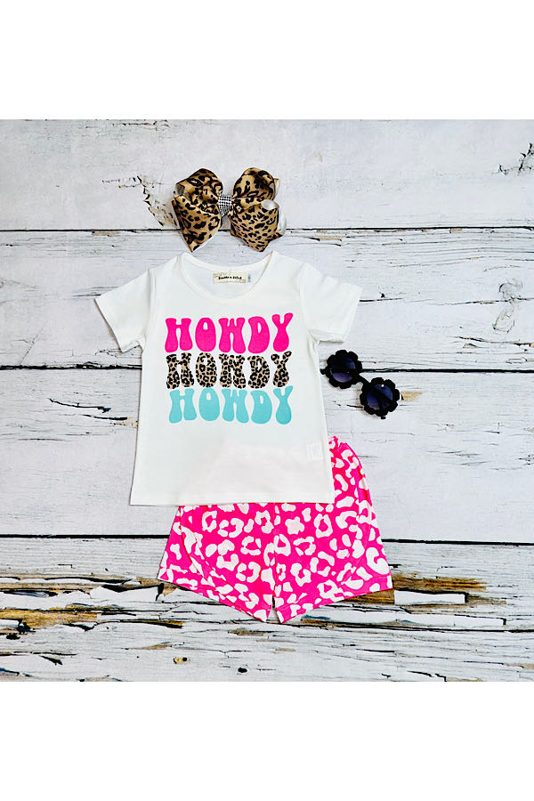 "HOWDY" hot pink & leopard 2pc short sleeve set