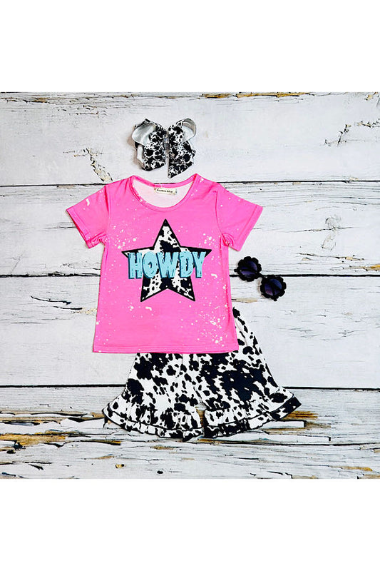 "HOWDY" pink w/cow print short sleeve 2pc set