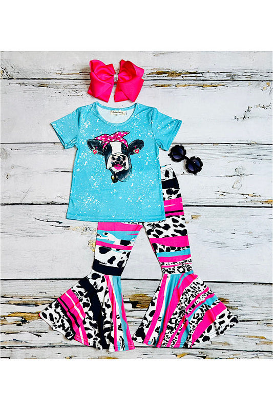 Light blue cow face short sleeve 2pc set XCH0777-8H