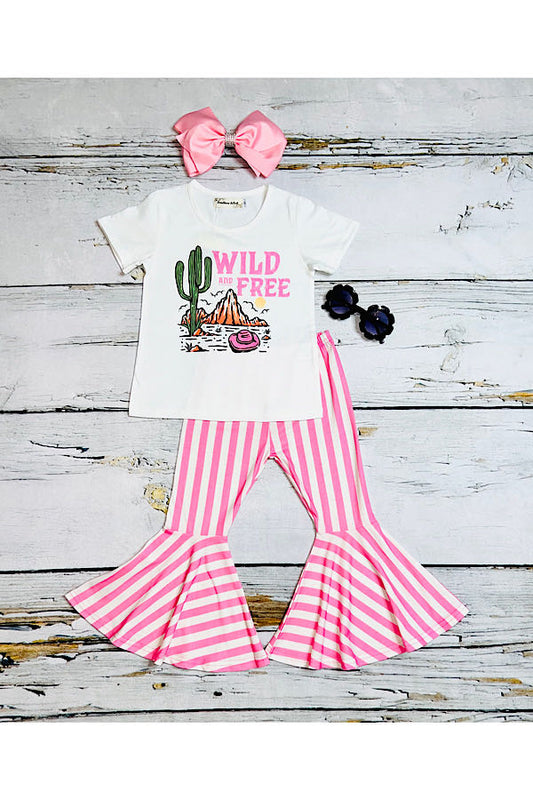 "WILD AND FREE" pink & white stripped 2pc set XCH0777-1H