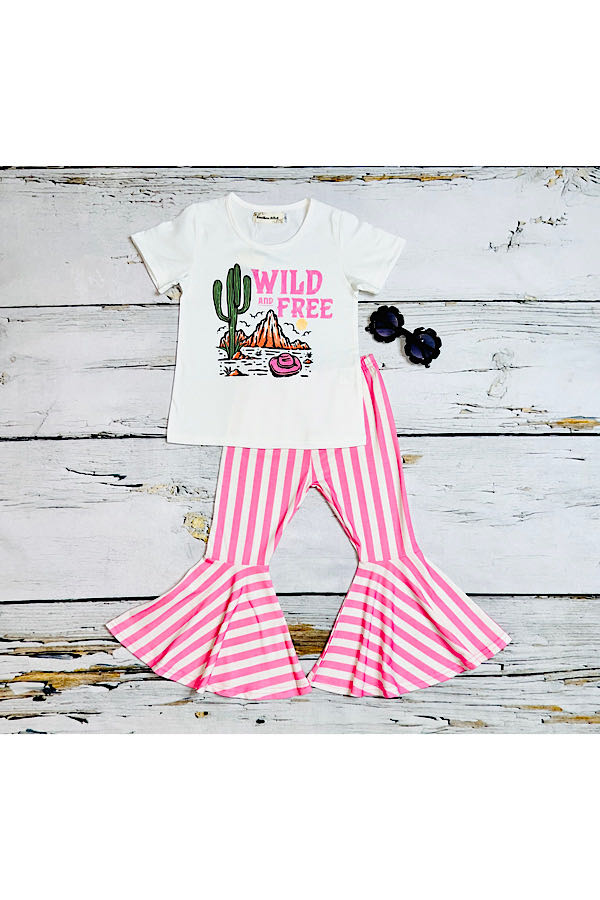 "WILD AND FREE" pink & white stripped 2pc set XCH0777-1H