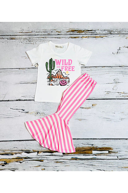 "WILD AND FREE" pink & white stripped 2pc set XCH0777-1H