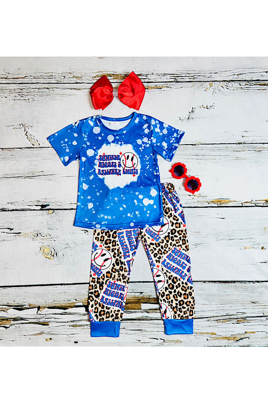 "SUMMER NIGHTS & BALLPARK LIGHTS" royal blue & cheetah 2pc set