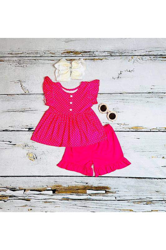 Hot pink w/white polka dots 2pc short sleeve ruffle set