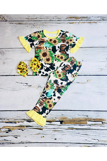 Sunflowers & cow print 2pc pajama set DLH2323