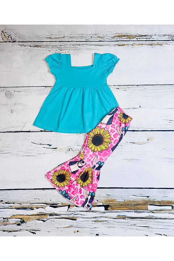 Pink cheetah, goats, & sunflowers w/turquoise top 2pc set 1114WY