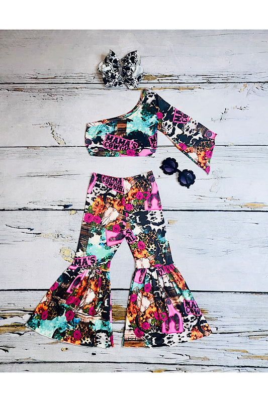 "MAMAS'S COWGIRL" western print crop top 2pc set