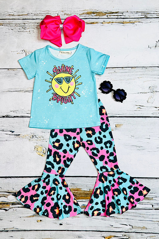 "SHINE BRIGHT" aqua & pink cheetah 2pc short sleeve set XCH0777-13H