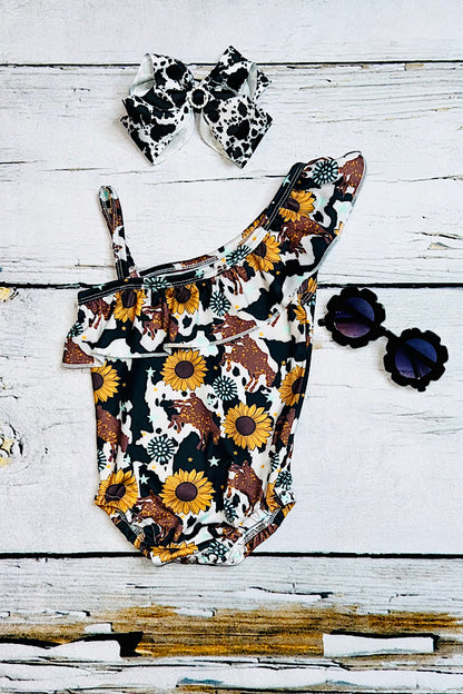 Cow, sunflower, cowboy, & jewel print girl's swimsuit