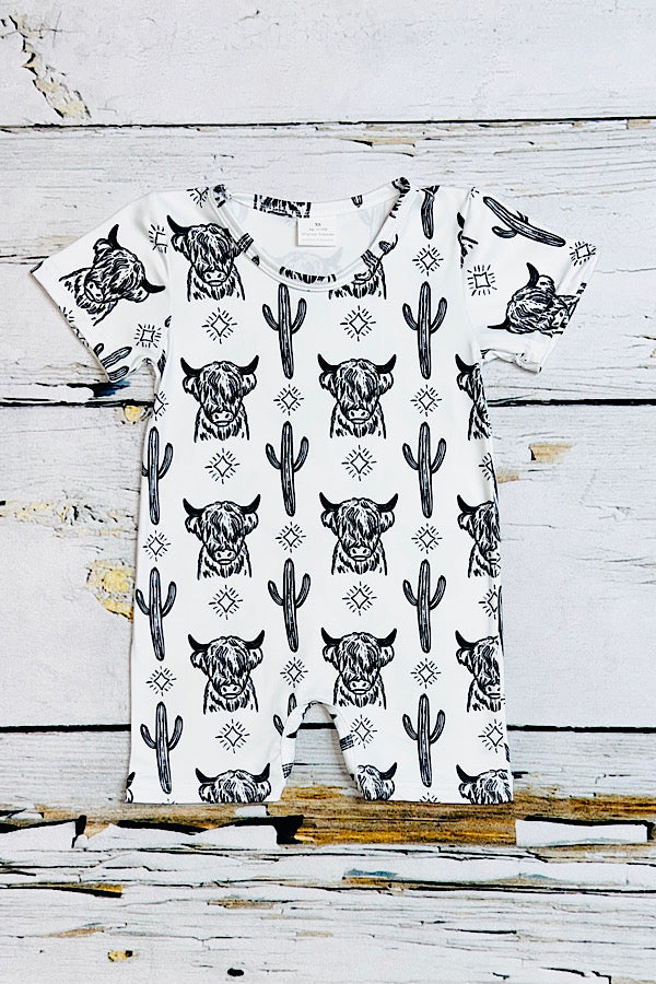 Black & white bull & cactus unisex short sleeve baby romper