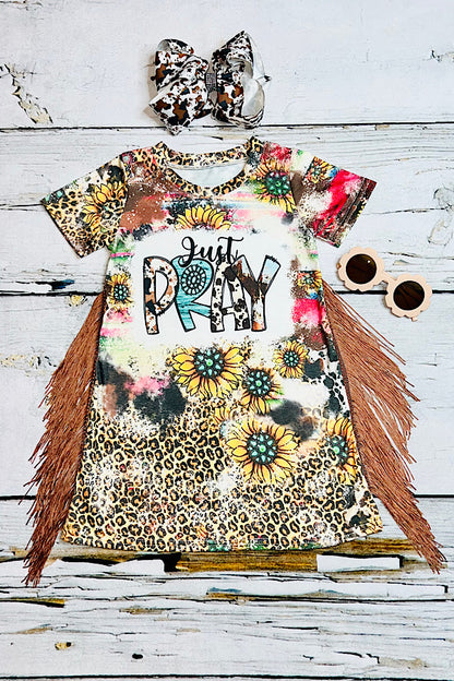 "JUST PRAY" cheetah & sunflowers fringe short sleeve dress