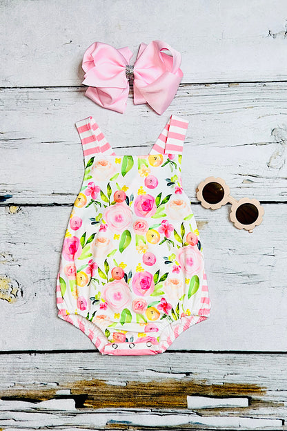 Floral & pink/white striped baby romper