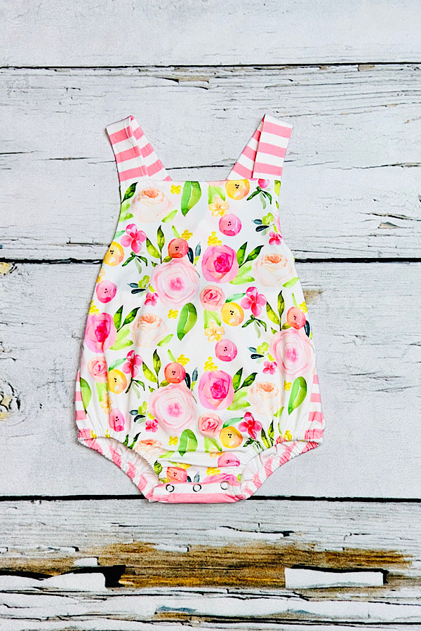 Floral & pink/white striped baby romper