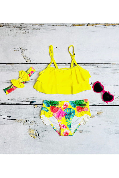 Bright yellow floral ruffle 3pc swimsuit DLH2335
