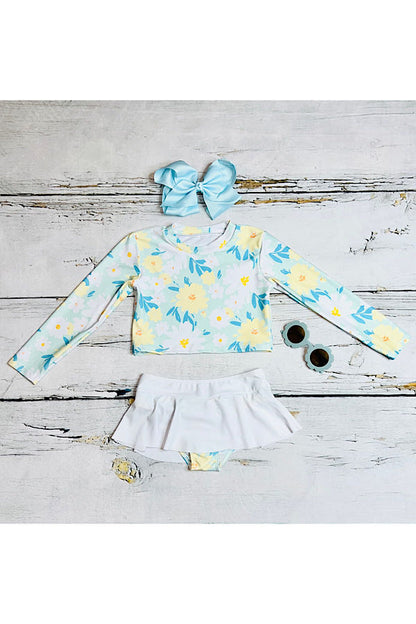 White & baby blue floral 2pc long sleeve swimsuit DLH2332