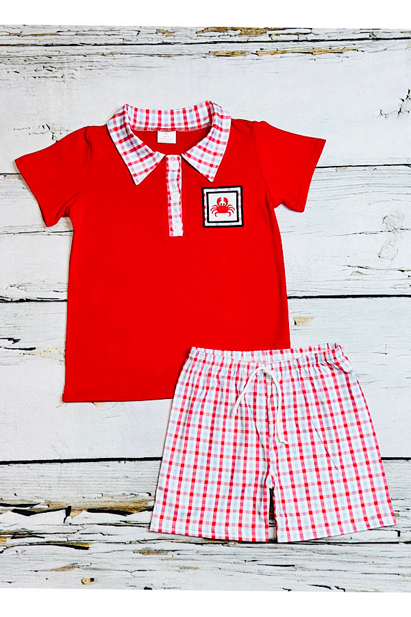 Red embroidered crab 2pc short sleeve boys set 1106WY