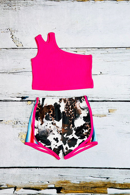 Multi animal print & serape short w/hot pink one shoulder top 2pc set DLH2309