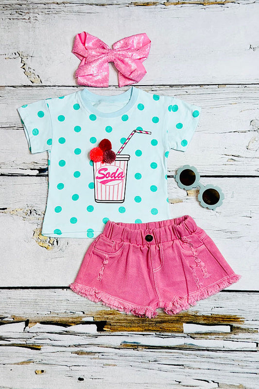 "SODA" pompom top w/pink denim shorts 2pc set DLH2341