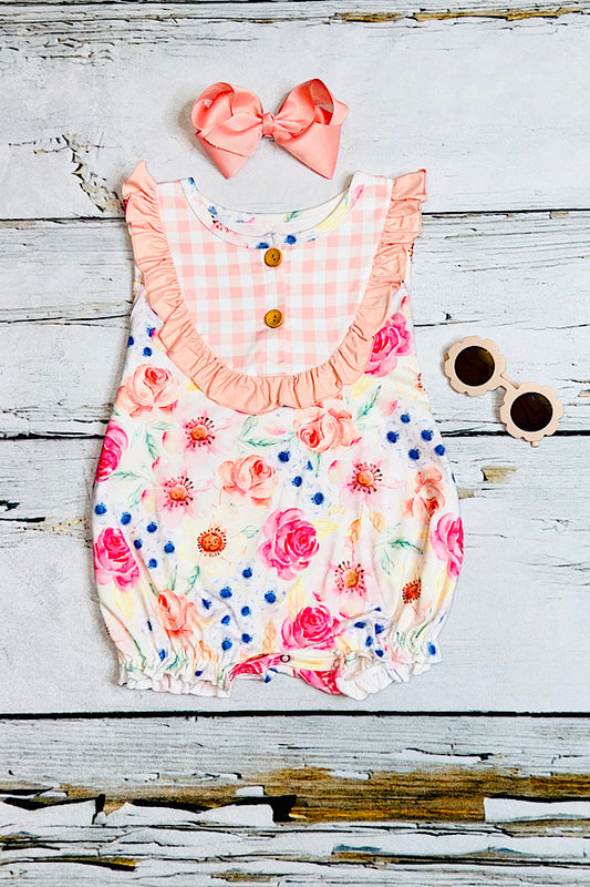 Light peach floral w/checker print baby romper DLH