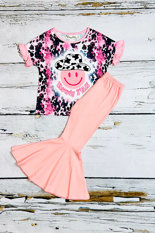 "HOWDY Y'ALL" pink smiley face & cow print 2pc set XCH0777-20H
