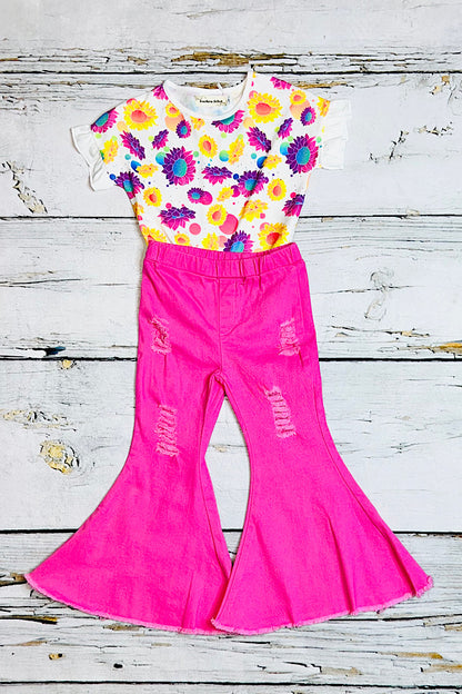 Pink ripped denim bell bottoms 230112M