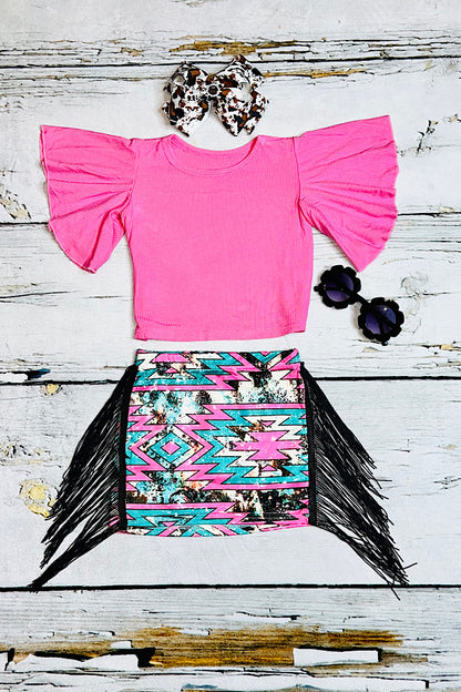 Pink bell sleeve top w/Aztec fringe skirt 2pc set DLH2348