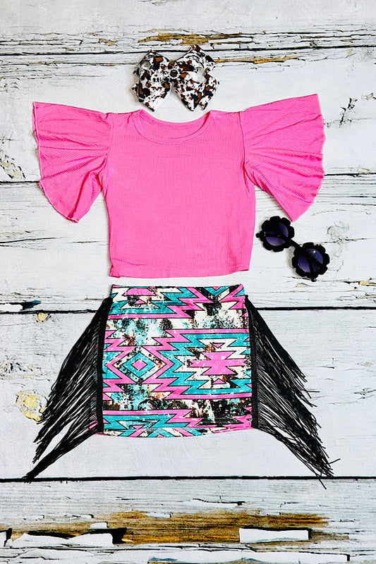 Pink bell sleeve top w/Aztec fringe skirt 2pc set DLH2348