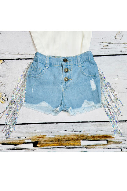 Button up light distressed shorts w/sequin tassels 230114M