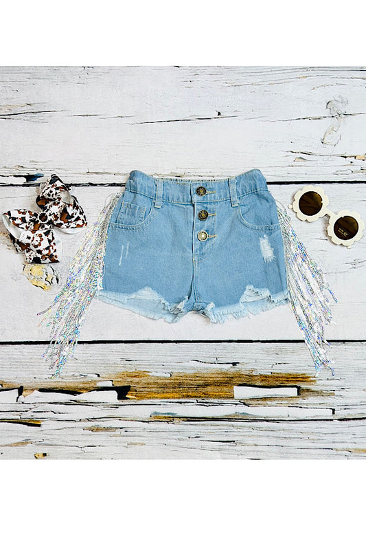 Button up light distressed shorts w/sequin tassels 230114M