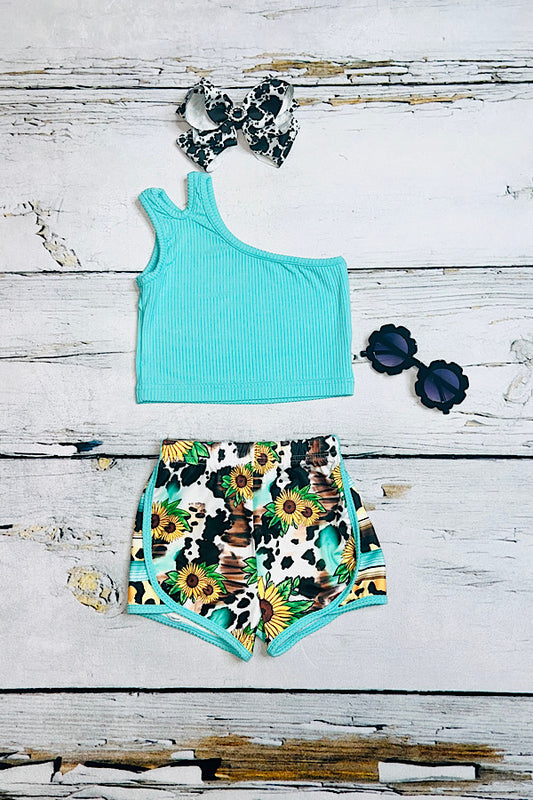 Sunflowers & cow print aqua one shoulder 2pc set DLH2308